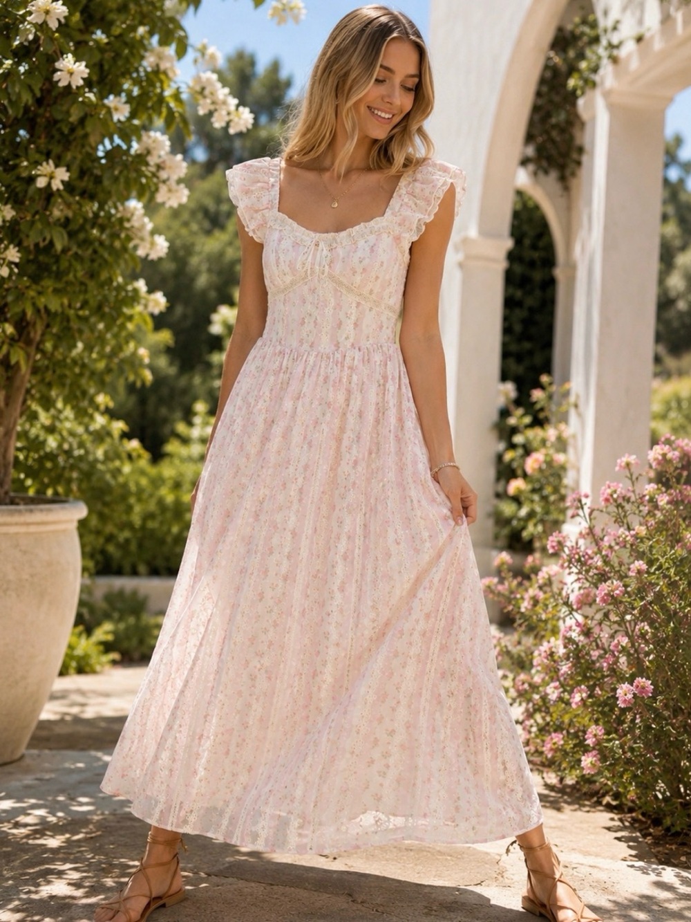 Rosie Posie Ivory Cream Pink Floral Maxi Dress Lace Eyelet Detail Small NWT!!